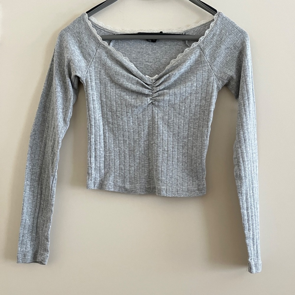 Y2K Pointelle Ribbed Lace Crop Top Small Ruched Long Sleeve Coquette Ballet Bow